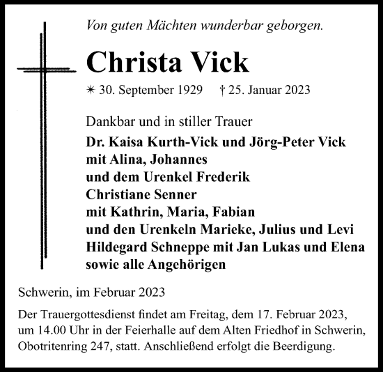 Traueranzeige von Christa Vick von Giessener Allgemeine, Alsfelder Allgemeine