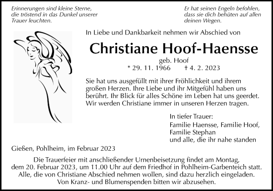 Traueranzeige von Christiane Hoof-Haensse von Pohlheimer Nachrichten, Giessener Allgemeine, Alsfelder Allgemeine, Giessener Allgemeine, Alsfelder Allgemeine