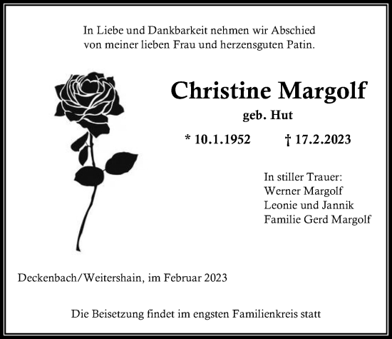Traueranzeige von Christine Margolf von Alsfelder Allgemeine