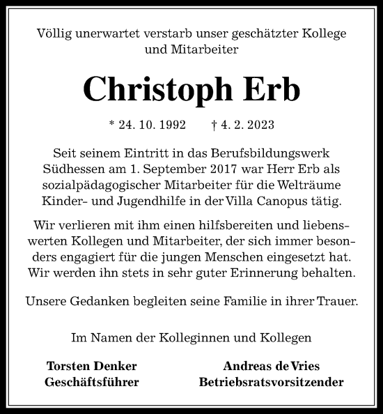 Traueranzeige von Christoph Erb von Kreis-Anzeiger