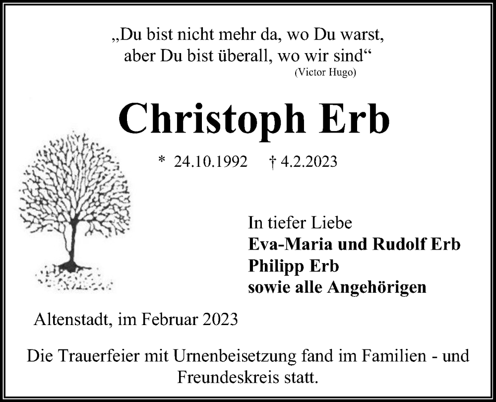  Traueranzeige für Christoph Erb vom 25.02.2023 aus Kreis-Anzeiger