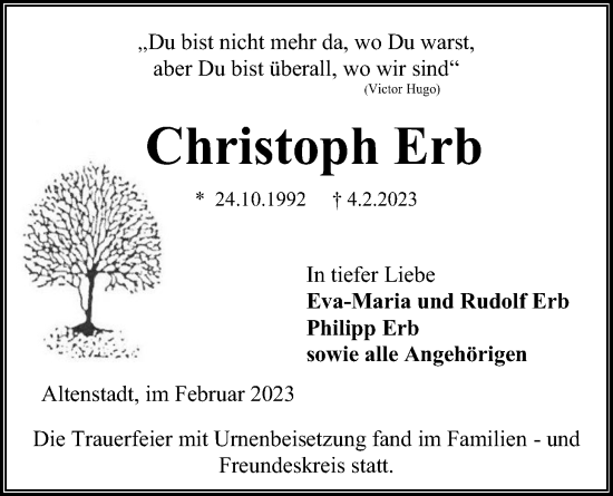 Traueranzeige von Christoph Erb von Kreis-Anzeiger