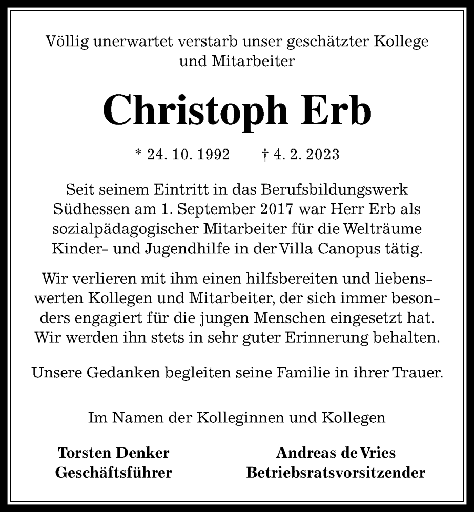  Traueranzeige für Christoph Erb vom 25.02.2023 aus Kreis-Anzeiger