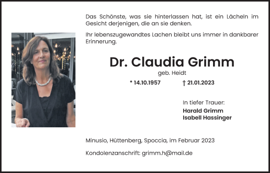 Traueranzeige von Claudia Grimm von Giessener Anzeiger, Giessener Allgemeine, Alsfelder Allgemeine