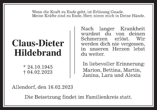 Traueranzeige von Claus-Dieter Hildebrand von Allendorfer Mitteilungen