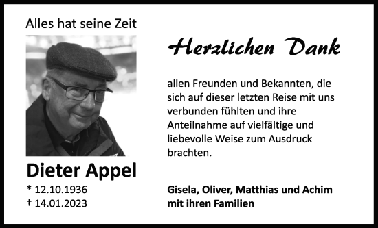 Traueranzeige von Dieter Appel von Kreis-Anzeiger