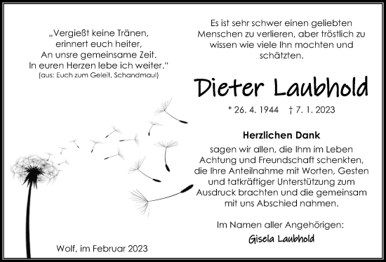 Traueranzeige von Dieter Laubhold von Kreis-Anzeiger