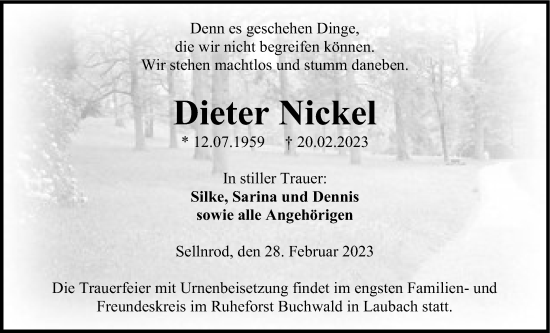 Traueranzeige von Dieter Nickel von Alsfelder Allgemeine