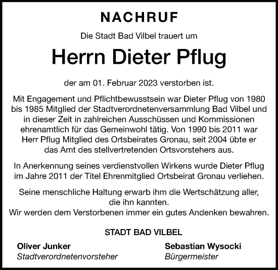 Traueranzeige von Dieter Pflug von Bad Vilbel/Karben