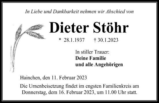 Traueranzeige von Dieter Stöhr von Kreis-Anzeiger