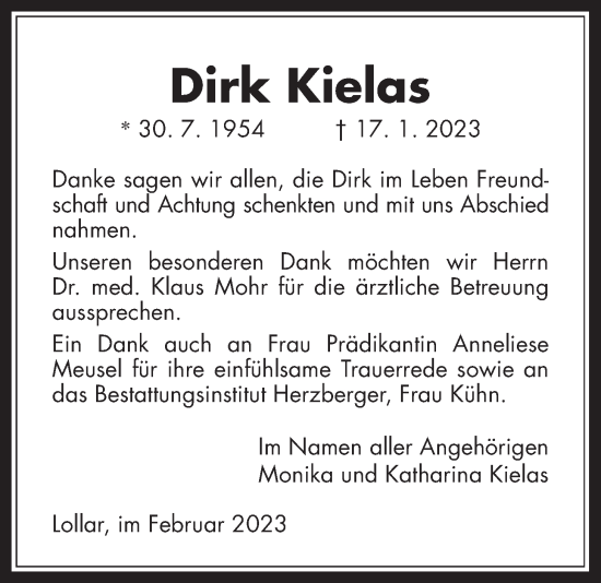 Traueranzeige von Dirk Kielas von Giessener Allgemeine, Alsfelder Allgemeine, Giessener Anzeiger
