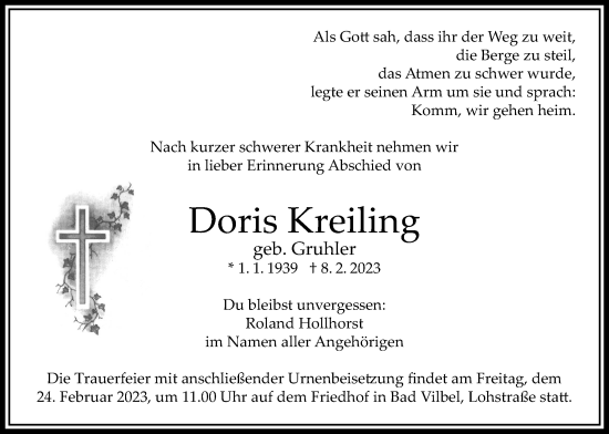Traueranzeige von Doris Kreiling von Bad Vilbel/Karben
