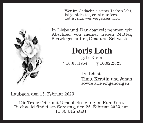Traueranzeige von Doris Loth von Laubacher Anzeiger