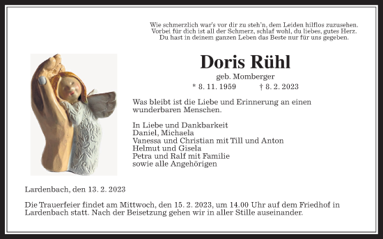 Traueranzeige von Doris Rühl von Giessener Allgemeine, Alsfelder Allgemeine