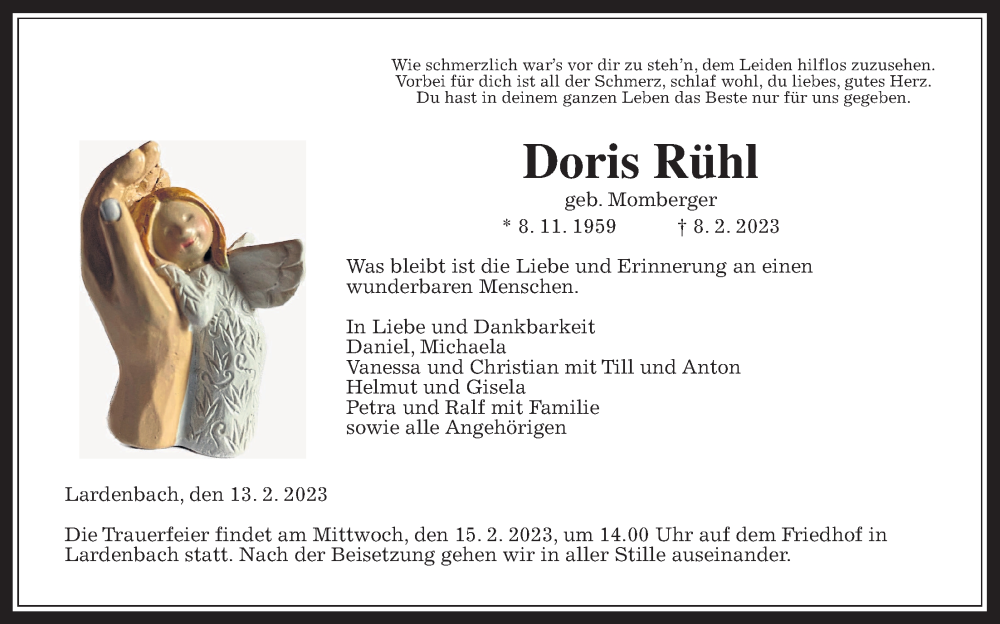  Traueranzeige für Doris Rühl vom 13.02.2023 aus Giessener Allgemeine, Alsfelder Allgemeine