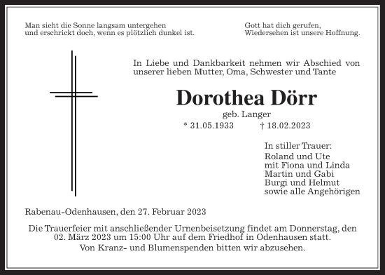 Traueranzeige von Dorothea Dörr von Giessener Allgemeine, Alsfelder Allgemeine, Giessener Anzeiger