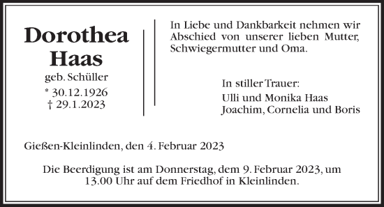 Traueranzeige von Dorothea Haas von Giessener Anzeiger
