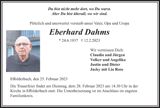 Traueranzeige von Eberhard Dahms von Kreis-Anzeiger