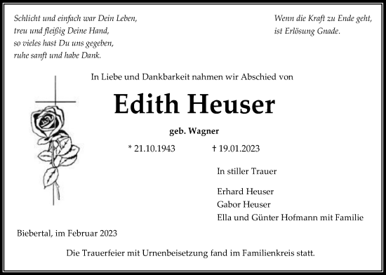 Traueranzeige von Edith Heuser von Giessener Anzeiger