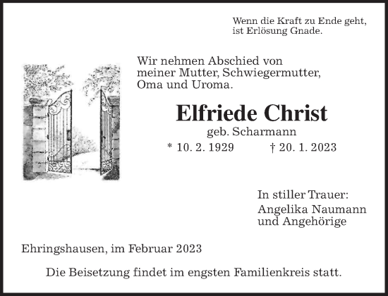 Traueranzeige von Elfriede Christ von Giessener Allgemeine, Alsfelder Allgemeine