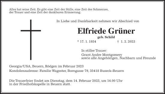 Traueranzeige von Elfriede Grüner von Giessener Anzeiger, Giessener Allgemeine, Alsfelder Allgemeine