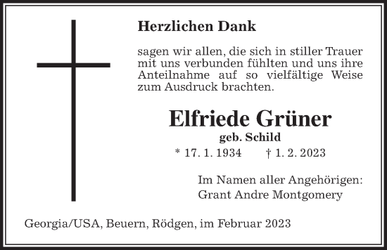 Traueranzeige von Elfriede Grüner von Giessener Allgemeine, Alsfelder Allgemeine, Giessener Anzeiger