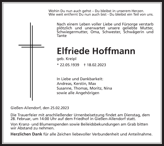 Traueranzeige von Elfriede Hoffmann von Giessener Allgemeine, Alsfelder Allgemeine