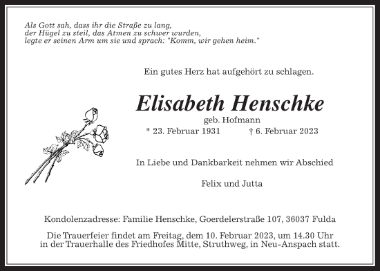 Traueranzeige von Elisabeth Henschke von Usinger Anzeiger