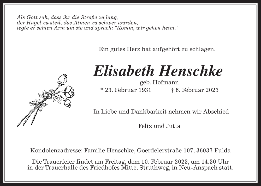  Traueranzeige für Elisabeth Henschke vom 08.02.2023 aus Usinger Anzeiger