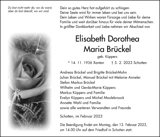 Traueranzeige von Elisabeth Dorothea Maria Brückel von Kreis-Anzeiger