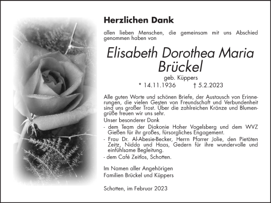 Traueranzeige von Elisabeth Dorothea Maria Brückel von Kreis-Anzeiger