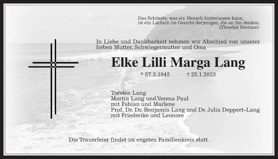 Traueranzeige von Elke Lilli Marga Lang von Wetterauer Zeitung