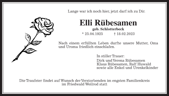 Traueranzeige von Elli Rübesamen von Bad Vilbel/Karben