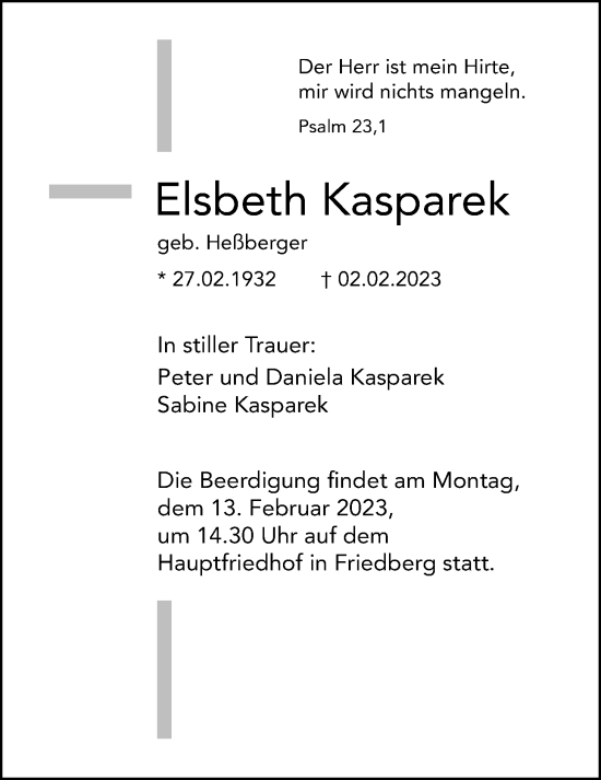 Traueranzeige von Elsbeth Kasparek von Wetterauer Zeitung