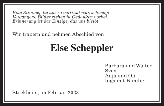 Traueranzeige von Else Scheppler von Kreis-Anzeiger