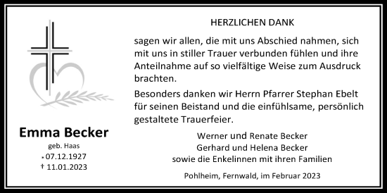 Traueranzeige von Emma Becker von Pohlheimer Nachrichten