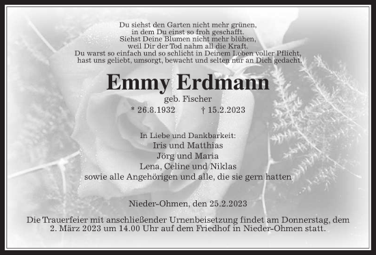 Traueranzeige von Emmy Erdmann von Alsfelder Allgemeine