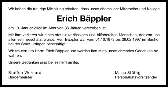 Traueranzeige von Erich Bäppler von Usinger Anzeiger