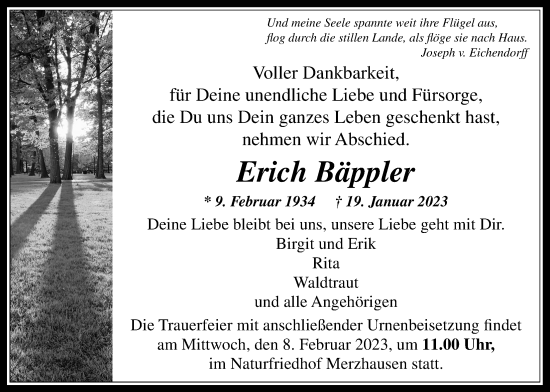 Traueranzeige von Erich Bäppler von Usinger Anzeiger