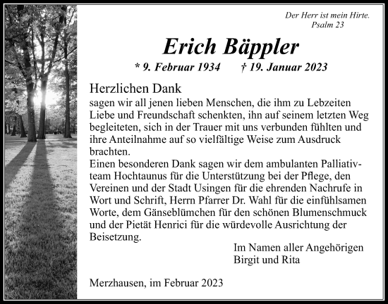 Traueranzeige von Erich Bäppler von Usinger Anzeiger