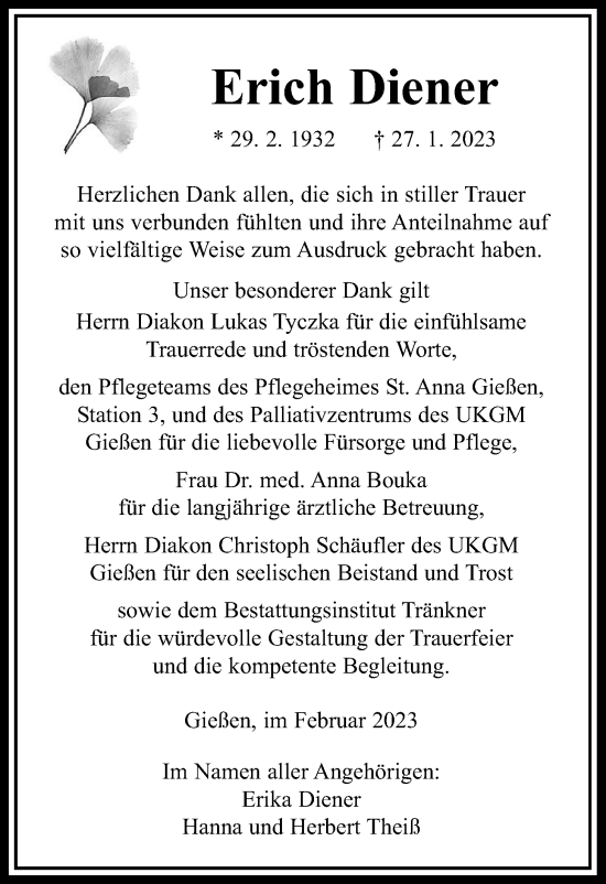 Traueranzeige von Erich Diener von Giessener Allgemeine, Alsfelder Allgemeine, Giessener Anzeiger
