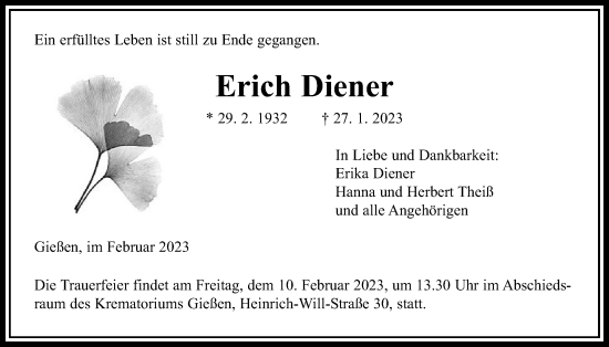 Traueranzeige von Erich Diener von Giessener Anzeiger, Giessener Allgemeine, Alsfelder Allgemeine