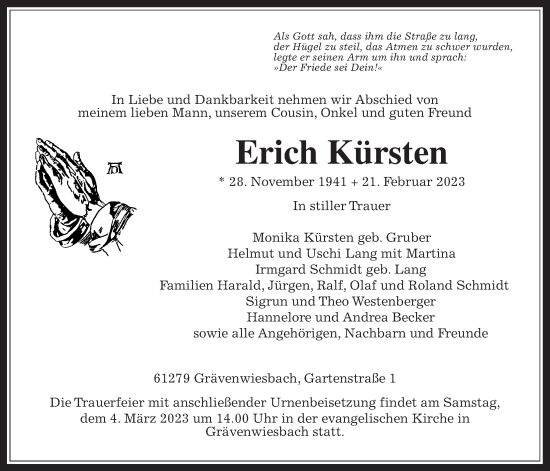 Traueranzeige von Erich Kürsten von Usinger Anzeiger