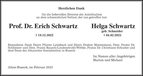 Traueranzeige von Erich Schwartz von Giessener Allgemeine, Alsfelder Allgemeine, Giessener Anzeiger