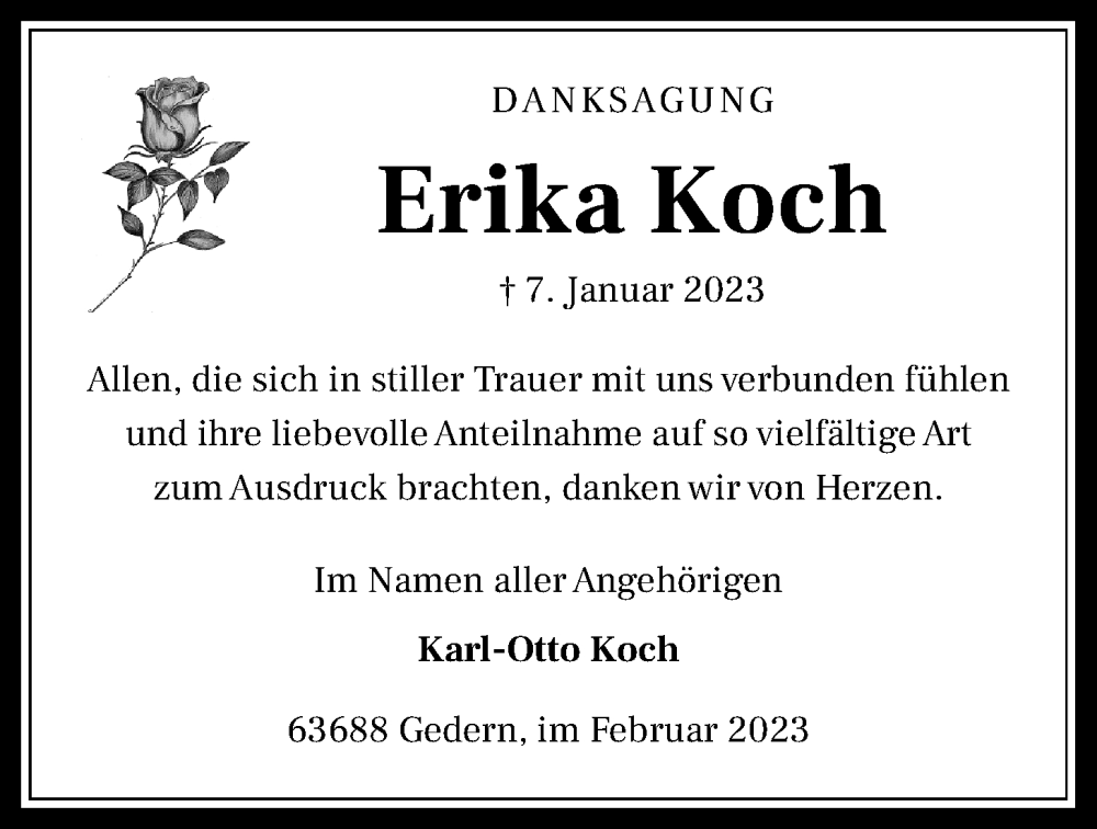  Traueranzeige für Erika Koch vom 04.02.2023 aus Kreis-Anzeiger