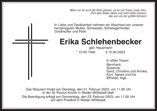 Traueranzeige von Erika Schlehenbecker von Wetterauer Zeitung, Wetterauer Zeitung