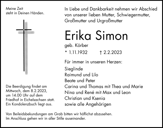 Traueranzeige von Erika Simon von Kreis-Anzeiger
