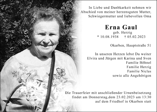 Traueranzeige von Erna Gaul von Bad Vilbel/Karben