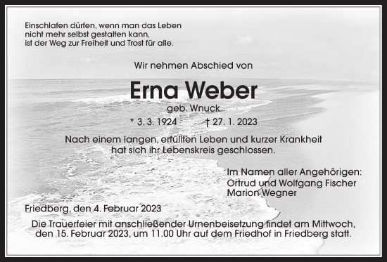 Traueranzeige von Erna Weber von Wetterauer Zeitung