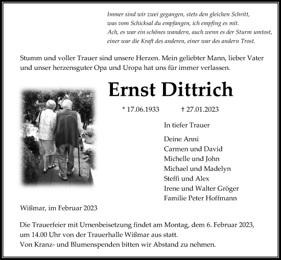 Traueranzeige von Ernst Dittrich von Giessener Anzeiger, Giessener Allgemeine, Alsfelder Allgemeine